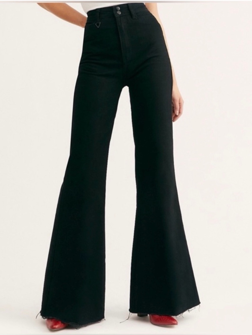 Free People x‎ Neon Blonde Kiki Sky High Rise Flare Jeans in Pitch Black.